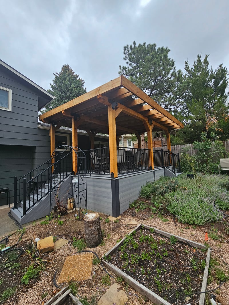 Covered patio and outdoor living space attached to a Colorado Springs home