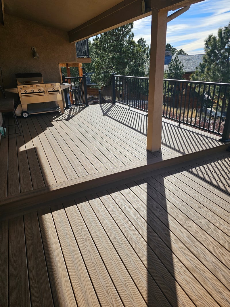 Covered patio and outdoor living space attached to a Colorado Springs home